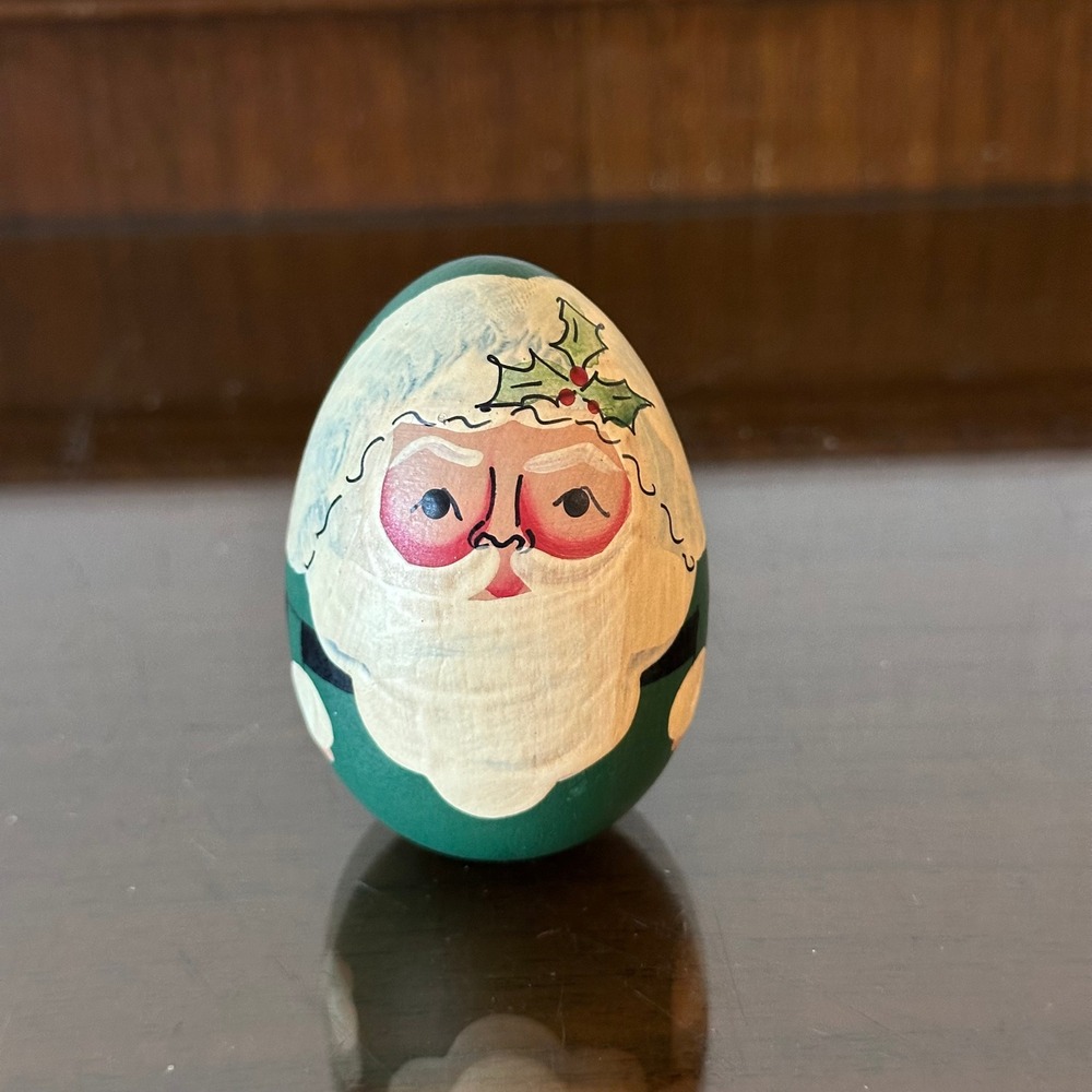 Vintage Hand Painted Wooden Santa Claus Egg Figurine Green Suit Holiday Decor